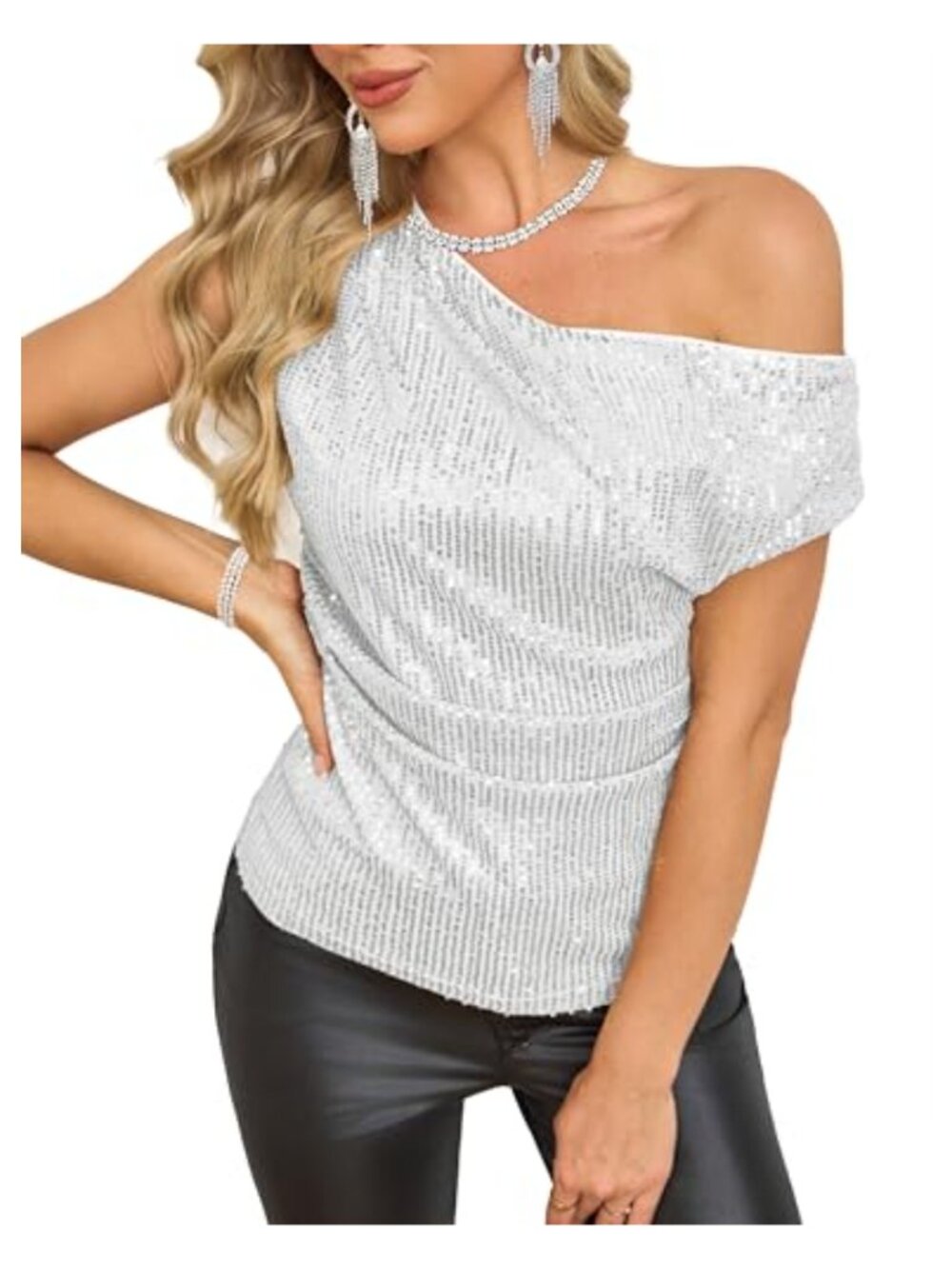 FOLUNSI Off Shoulder Sequin Top Sparkly Glitter Asymmetrical Ruched Party Blouse